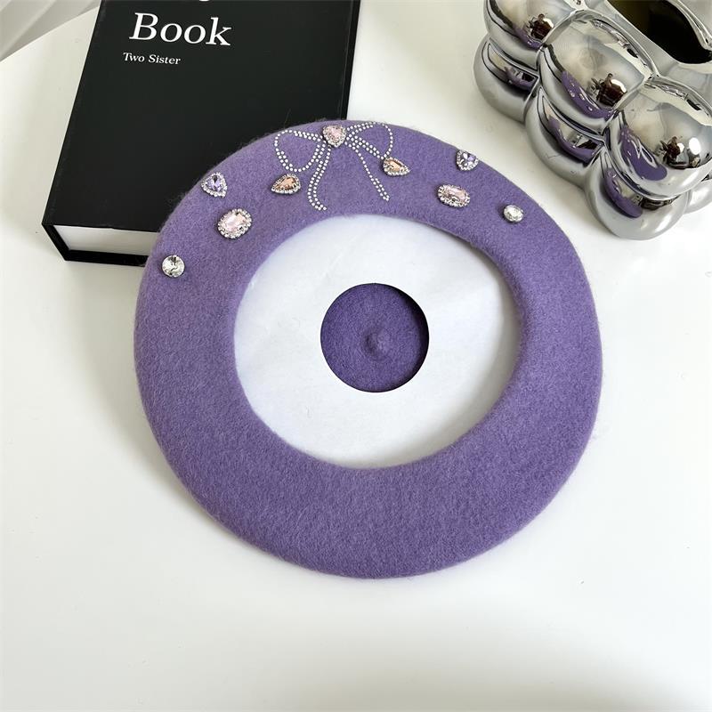 Sweet Girl Bow Beret Korean Style Big Head Woolen Hat Painter Hat Rhinestone Western-Style Fashion Octagonal Hat