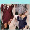 Women Sexy Lace Up Bandage Deep Off Shoulder Hoodies With Long Loose Pullover Sleeves
