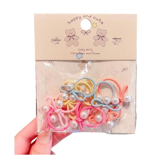 

10Pcs Hair Ropes High Elasticity Imitation Pearl Decor Bow Shape Hair Ties Mini Thumb Loop Design Soft Cloth Hair Accessories E