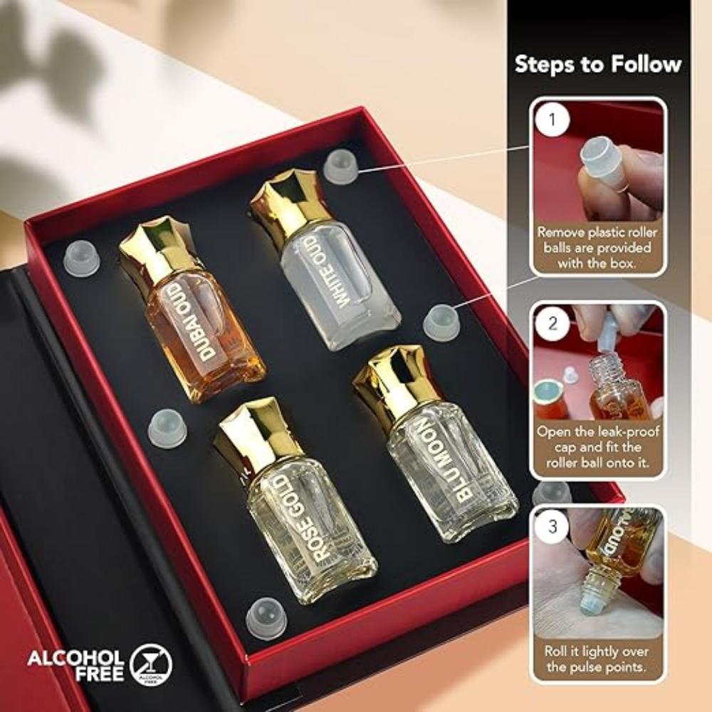 Non-Alcoholic Attar Perfume Roll-On for Men & Women | Blu Moon, Dubai Oud, White Oud, Rose Gold | 5ML, Pack of 4 Gift Set