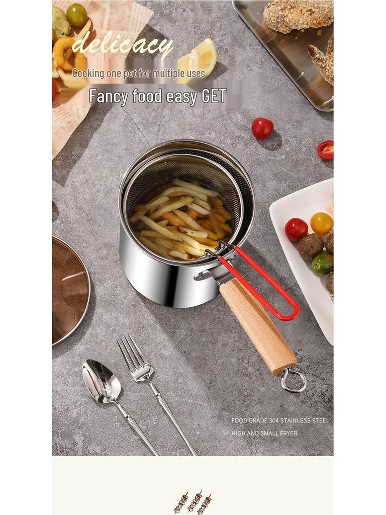 304 Stainless Steel Deep Fryer with Wooden Handle and Filter Basket for Induction Cooker