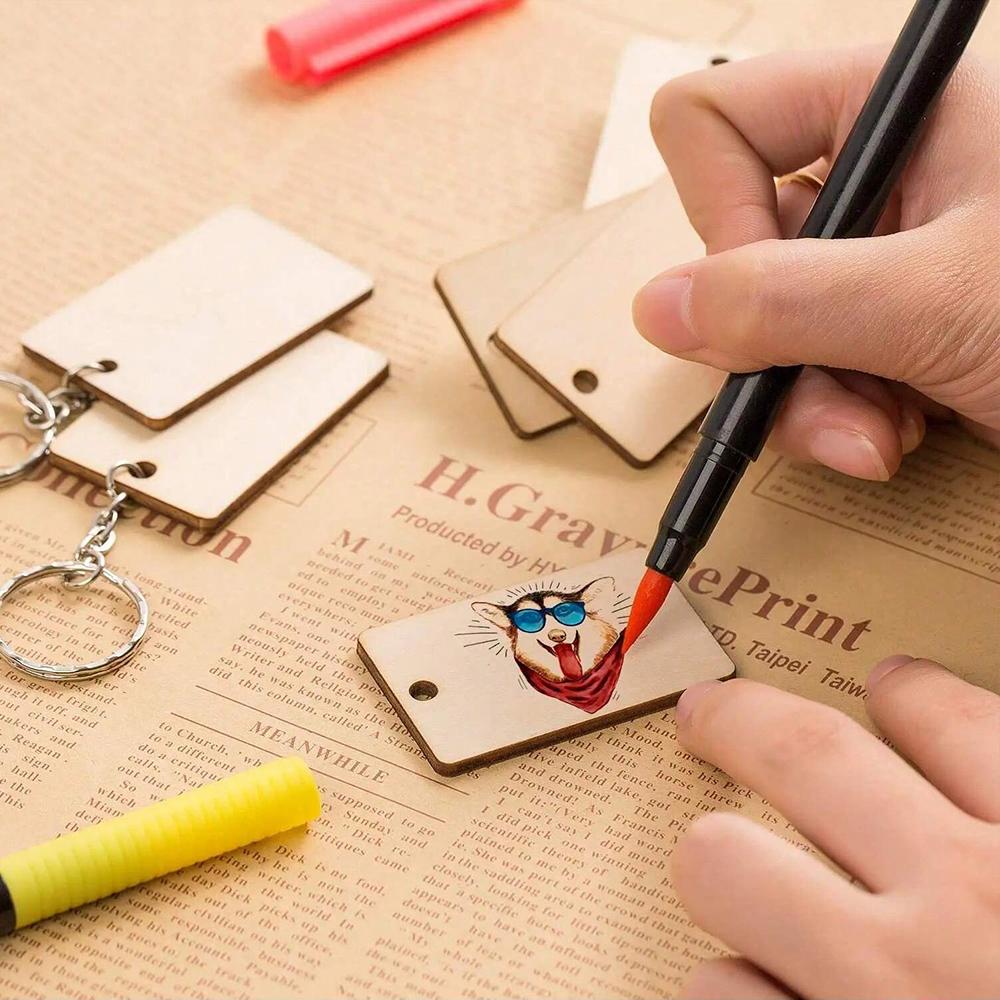 60pcs Blank Wooden Key Chains Rectangle Wood Key Chain Tags to Paint Personalized Key Rings for Engraving DIY Tags Key Craft