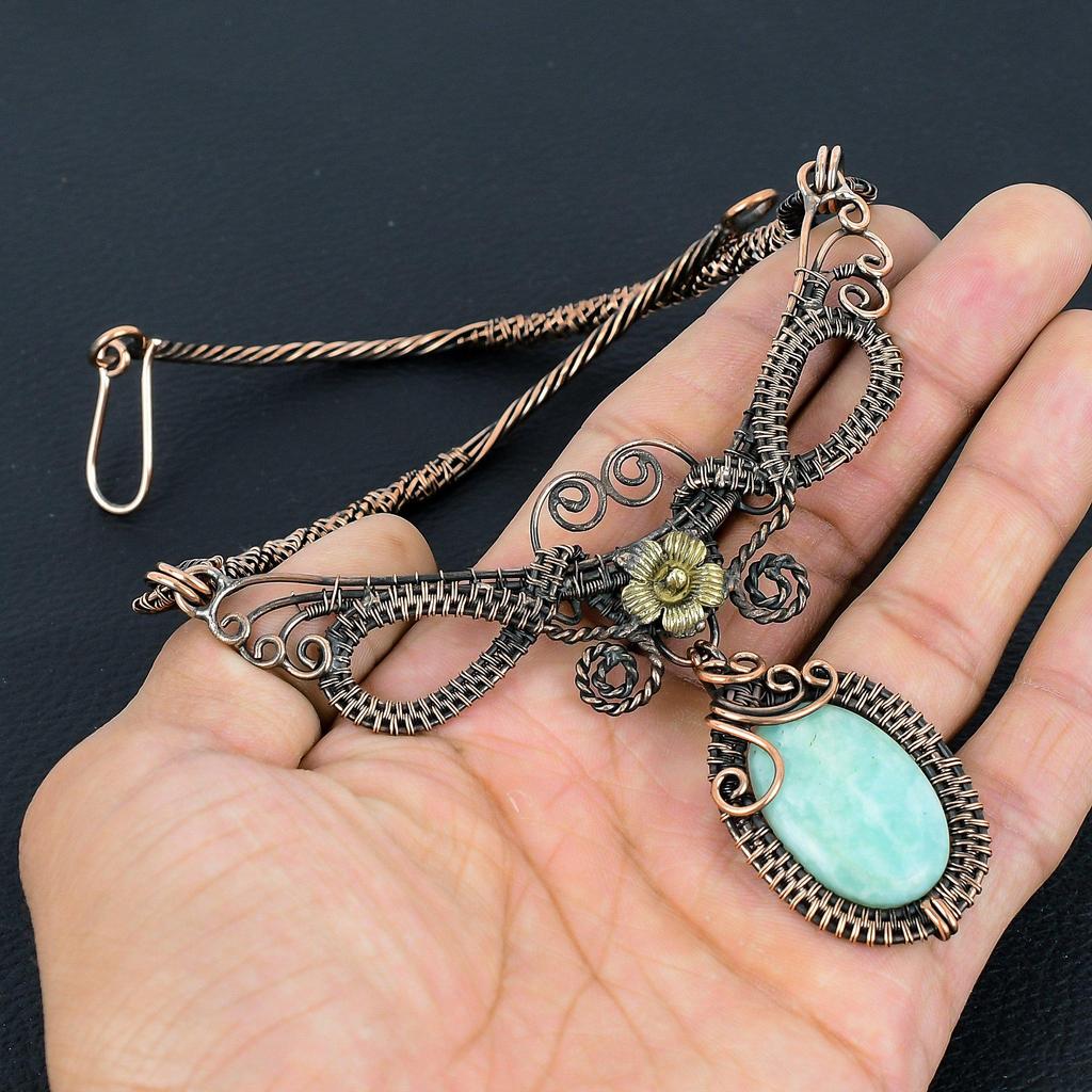Amazonite Necklace Handmade Jewelry, 999 Copper Wire Wrapped Necklace Designer Gemstone Jewelry Adjustable Chain Necklace Gift For Mom