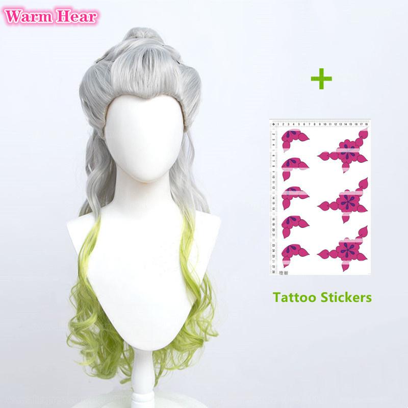 90cm Long Daki Synthetic Anime Silver Gradiented Green Curly With Headwear Heat Resistant Hair Halloween Party Role Play Wigs