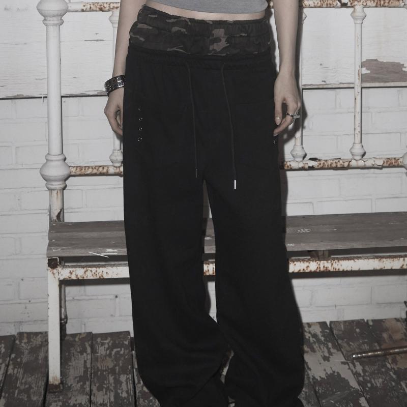 European and American Autumn and Winter Retro Street Embroidery Double Waisted Design Sense Fake Two Loose Casual Sports Pants