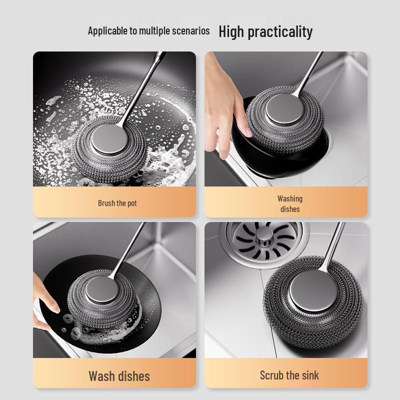 Brosse à Pot en Acier Inoxydable à Manche Long: Poils Métalliques Durables, Ne Perd Pas ses Poils, Idéal pour la Vaisselle et le Nettoyage de la Cuisine.
