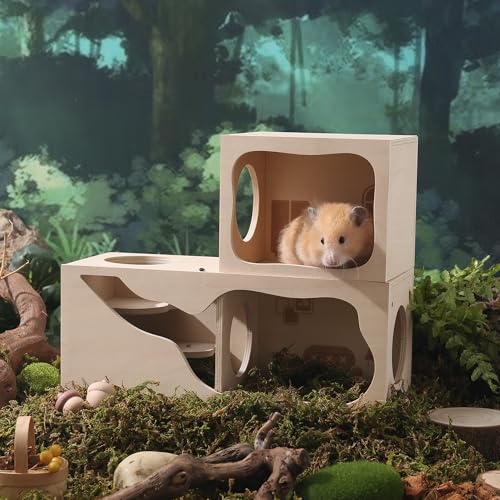 Tafit Hamster House, Wooden Hideout, Small Animal Pet Tunnel Exploration Toy, Secret Peephole for Dwarf Hamsters, Syrian Hamsters, Gerbils, Hedgehogs,