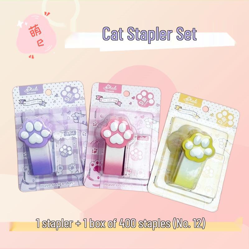 Gradient Cat Paw Mini Stapler Set - Cute, Portable Handheld Stapler for Students and Office Use