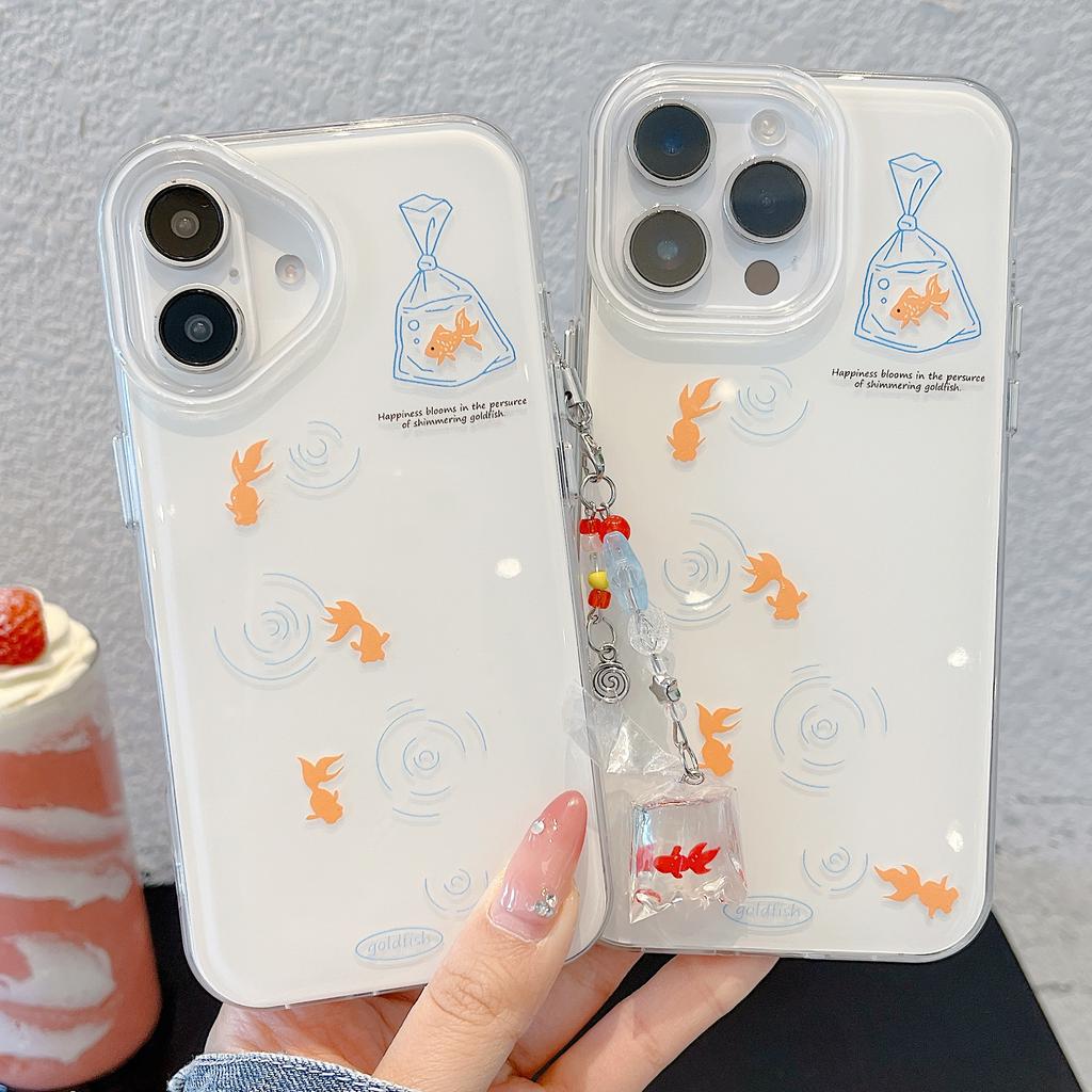Cute Goldfish Water Ripples IMD Phone Case for iPhone 13 14 15 16 Pro Max Jelly Shell Cover Creative Fish Pendant Girly Gifts