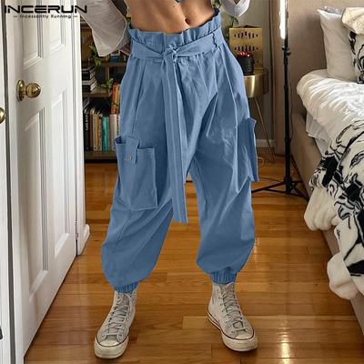 Men Bandge Elastic High Waist Pocket Joggers Cargo Pants