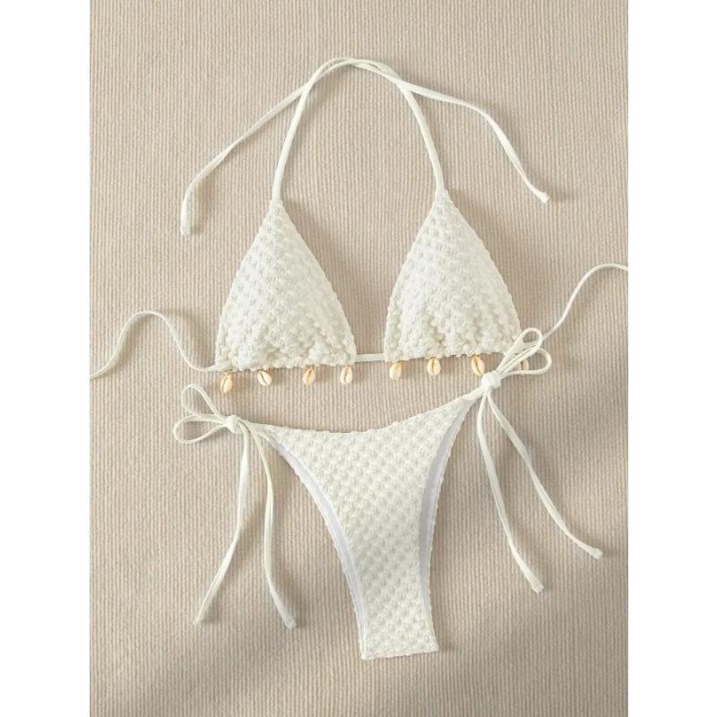 Sexy Bikini Set Shell Designer Swimsuit 2025 White Black Push Up Micro Bikinis Summer Bathing Suit Tie Side Triangle Swimwear