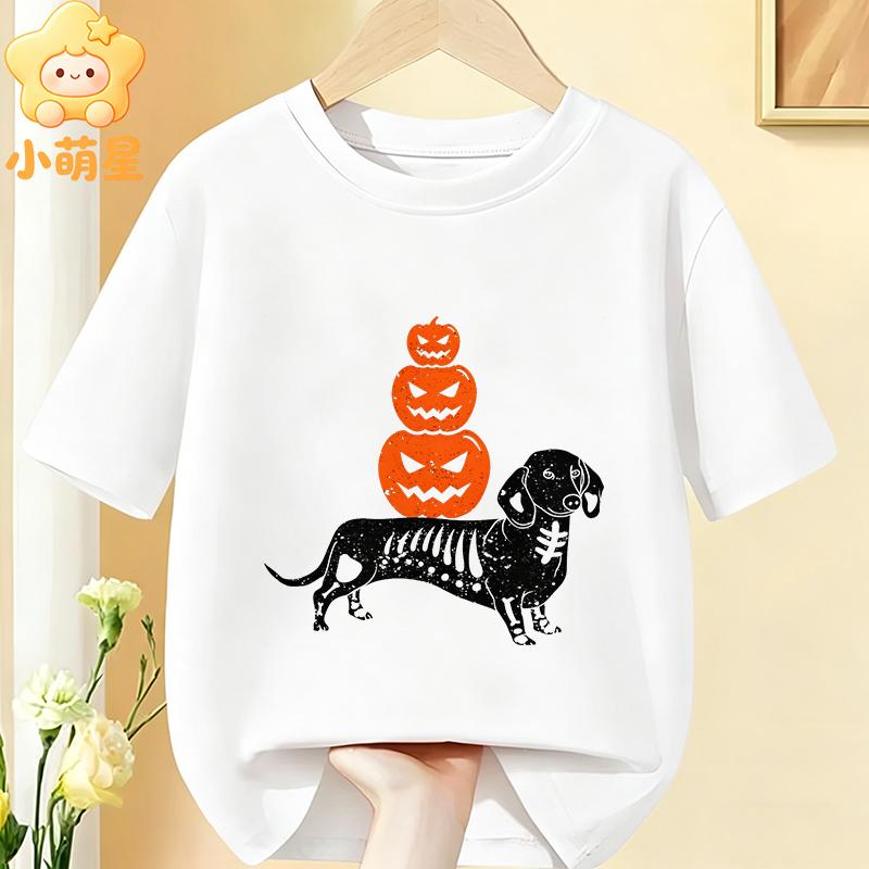 Halloween Skelett Dackel Kürbisdruck Kinder T-Shirt Reine Baumwolle Jungen Mädchen Kurzarm Rundhals Lässig Grafik Kinder Oberteile
