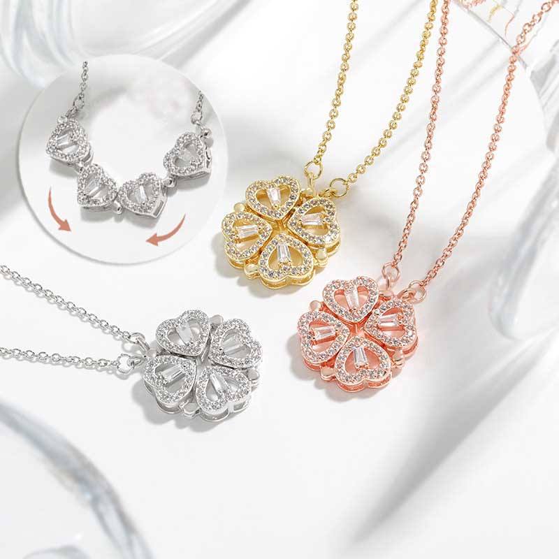 Fashionable women's four-leaf clover necklace with heart shape and full of diamonds; a versatile piece of jewelry that can be wo