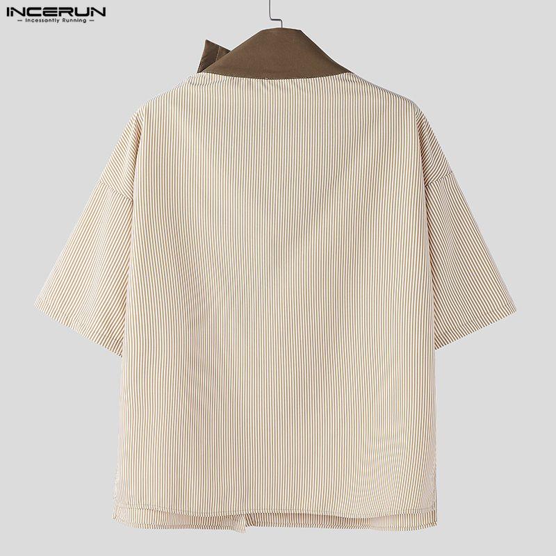 INCERUN Summer Men Stand Neck Short Sleeve Patchwork Casual Loose T-shirts Tops