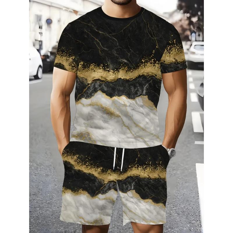Fashion Men's Casual Suit 3D Casual Color Printing Summer T-shirt Shorts Simple