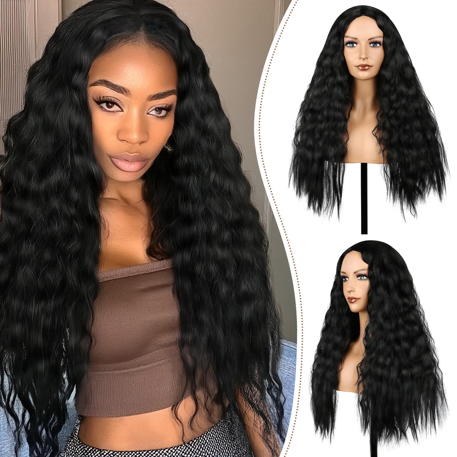 

Womens Synthetic Wig Black Long Curly Hair Middle Part Corn Rows Style for Stage and Daily Use чёрный