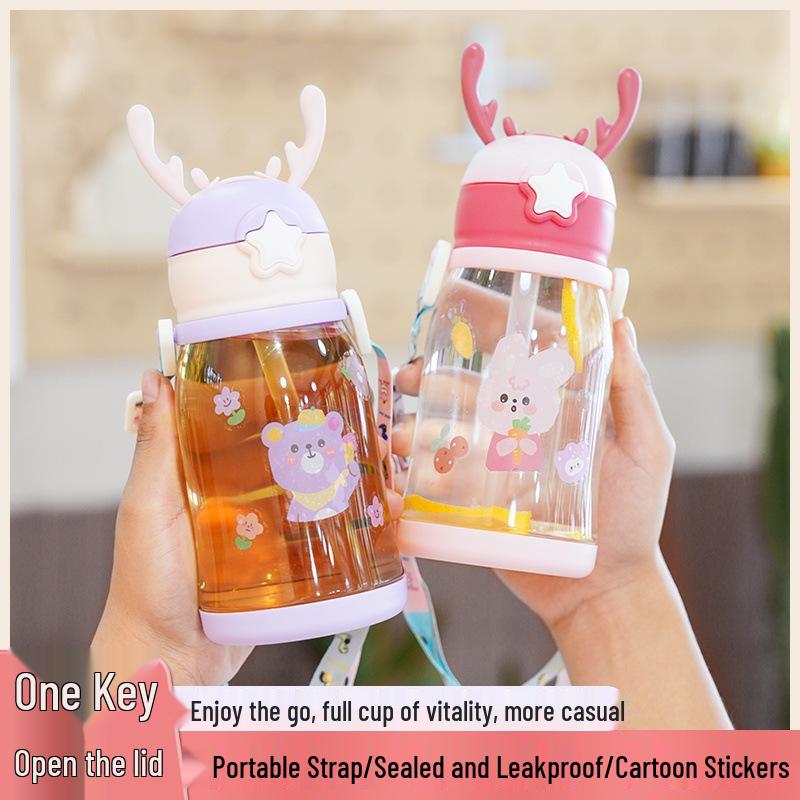 Kids' Cartoon Antler Straw Water Bottle with Strap - Large Capacity, Durable Plastic