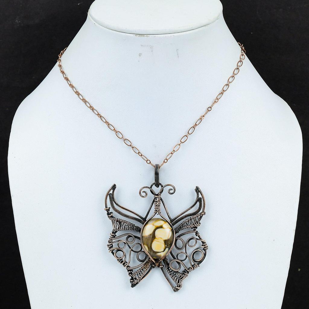 Peanut Wood Jasper Gemstone Pendant Copper Wire Wrapped Jewelry Butterfly Pendant Handmade Pendant Gifts For Him Copper Wire Wrapped Pendant