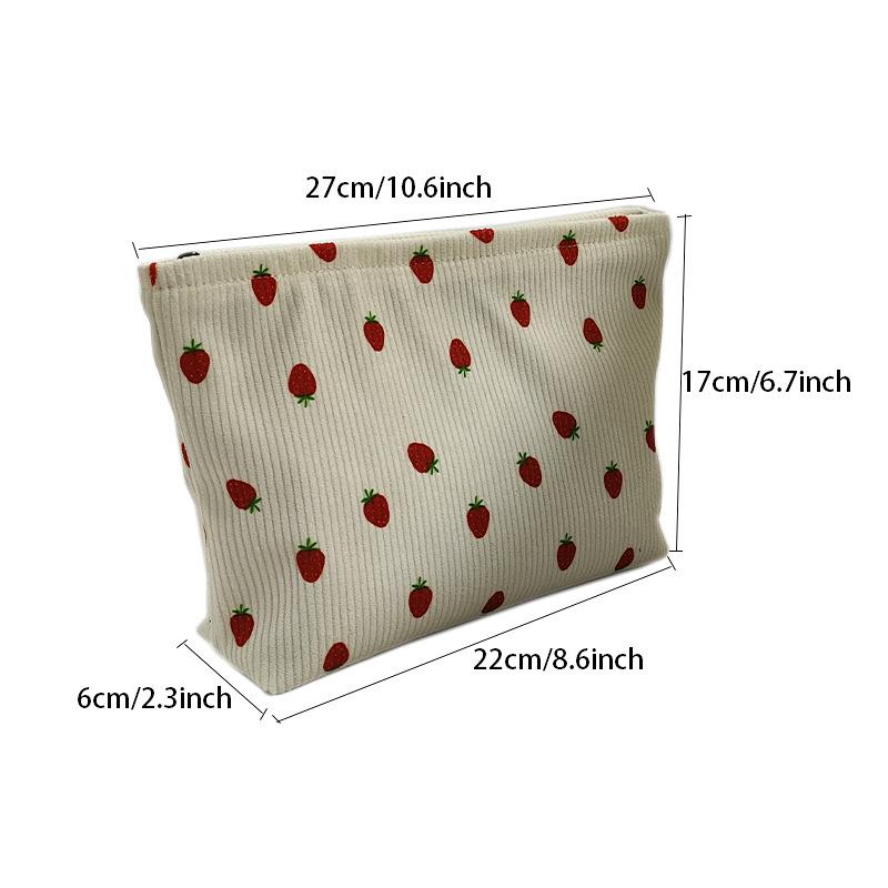 Chic Makeup Bag Lightweight Corduroy Makeup Bag Chic Cherry Pattern Red Cherries White with Golden Zipper Toiletries