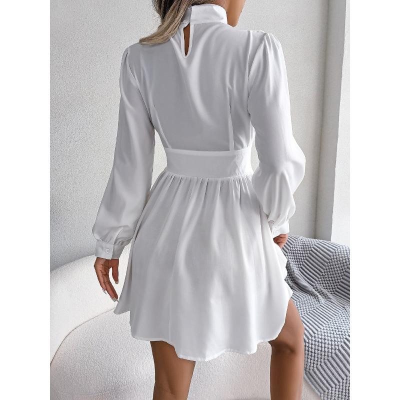 Spring and Summer Sexy Hollow Out A-line Party Short Dress Slim Waist Casual Turtleneck Long Sleeve Evening Dress Streetwear Solid Color Clothing