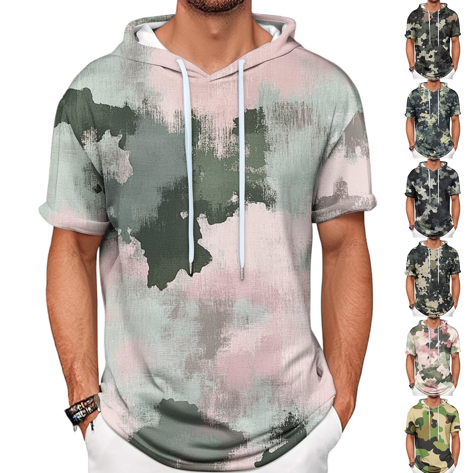 

Gradient Print Men s Shirt Hooded Short-sleeved Hooded Spring And Summer Casual Daily Wear XXL зелений