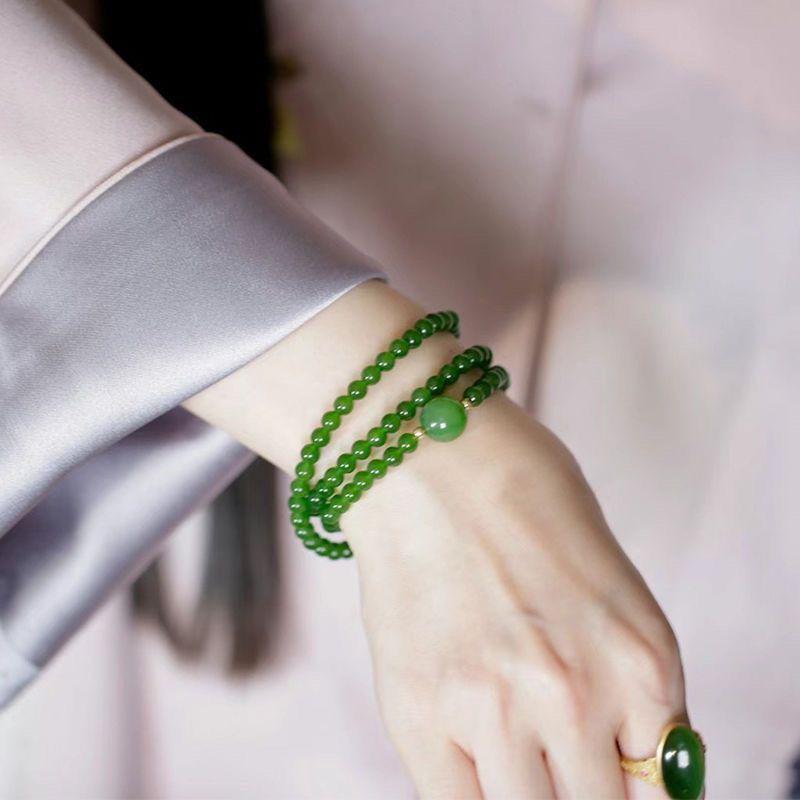 Chinese Style Emerald Green Triple-Circle Bracelet - DIY Multi-Layer Lucky Gift for Women, Friends, or Girlfriends