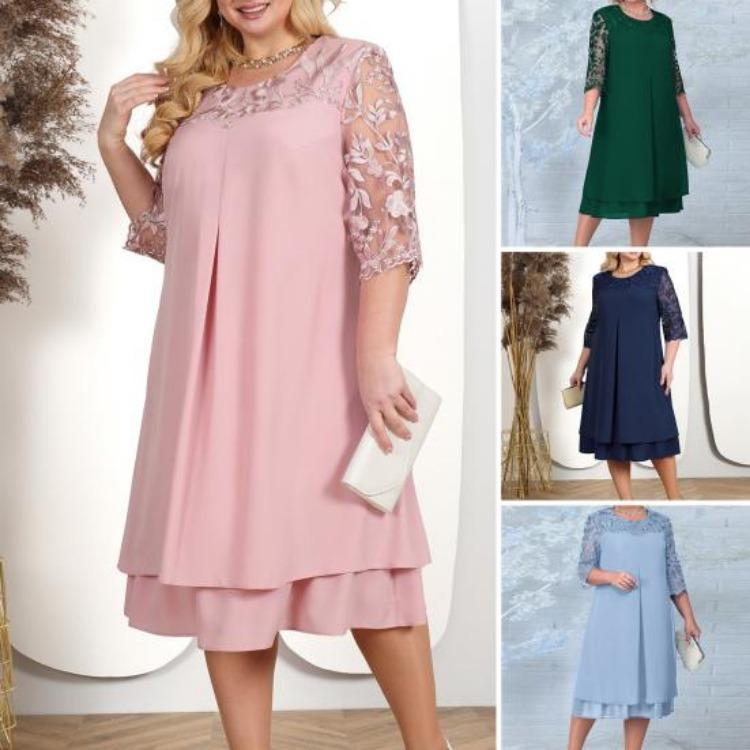 Elegante Abito da Festa da Ballo Taglie Forti Donna Lento Midi Rete Trasparente Patchwork Applicazione Foglia Mezza Manica Girocollo Abito Primavera Autunno