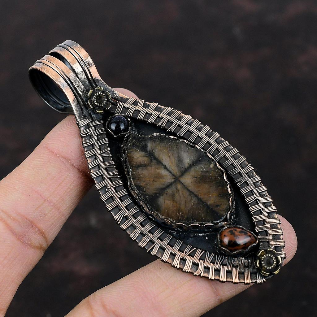 Chiastolite Gemstone Pendant Copper Wire Wrapped Pendant Mahogany Obsidian And Blue Sunstone Pendant Handmade Wire Jewelry Pendant For Women