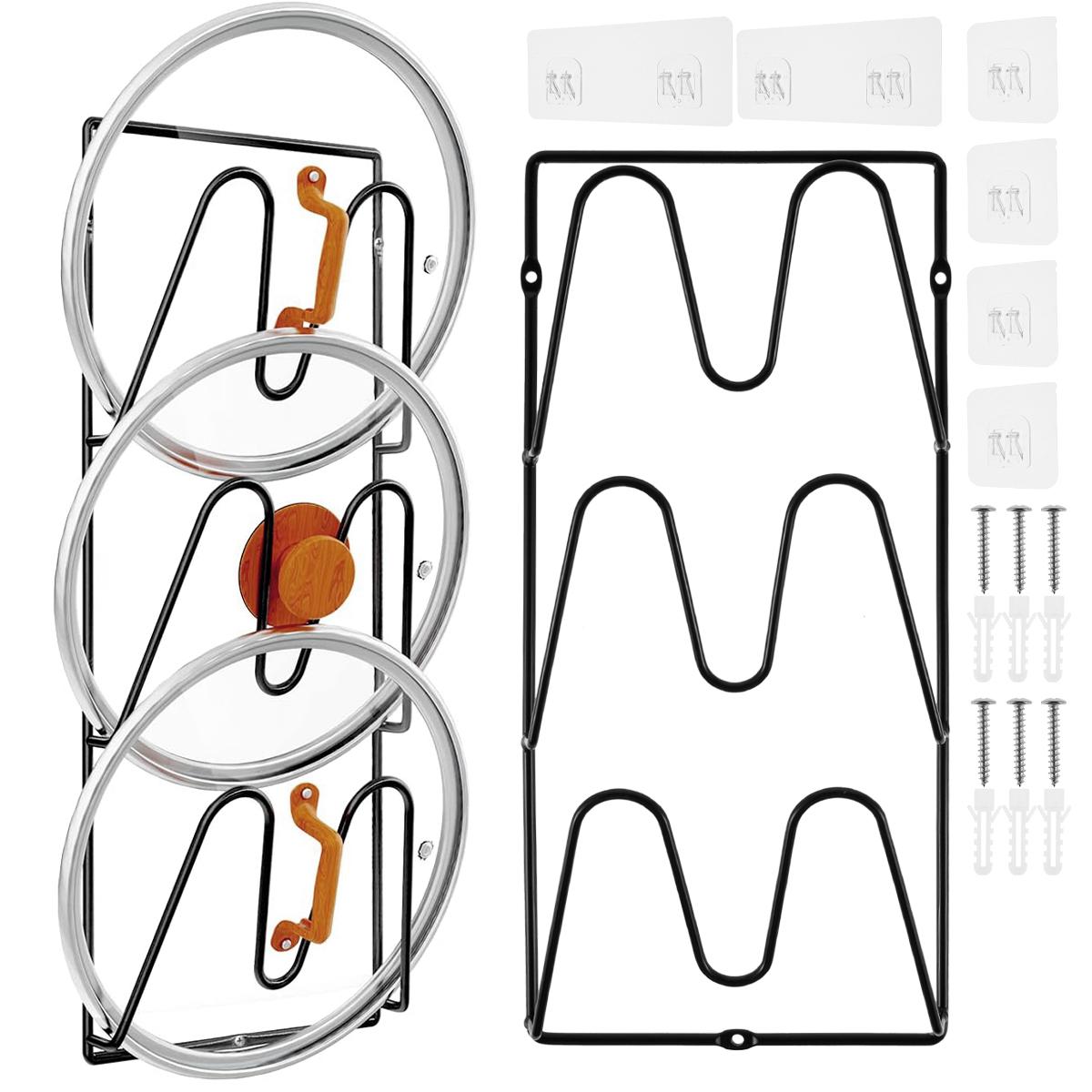

2/4 шт. Настенная вешалка для крышек кастрюль 3-слойная, экономящая место, сверхпрочная полка для крышек кастрюль, не ржавеющая, многоцелевая кухонная стойка-органайзер
