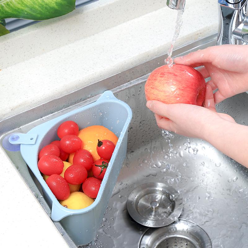 Keuken Groente Fruit Afgietmand Spoelbak Filter Driehoekige Zeef Zuignap Spons Houder Opbergrek