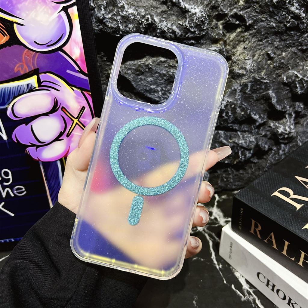 The IPhone16 Dual-color Gradient Blue Light Glitter Magnetic Attraction Is Suitable for Apple 14/15 Pro Max Phone Cases