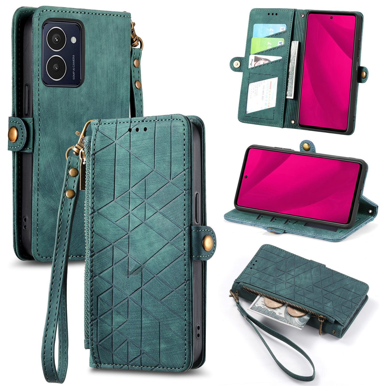 

For HMD Pulse Pro Zipper Wallet Case Geometry Lines Leather Phone Cover with Strap Green