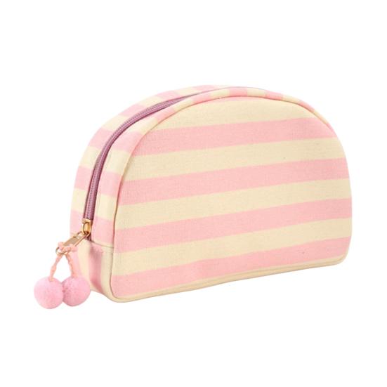 Gestreifte Muschel Kosmetiktasche Canvas Reise Make-up Organizer Tragbare Niedliche Make-up Tasche mit Pompoms für Frauen Mädchen Toilettenartikel