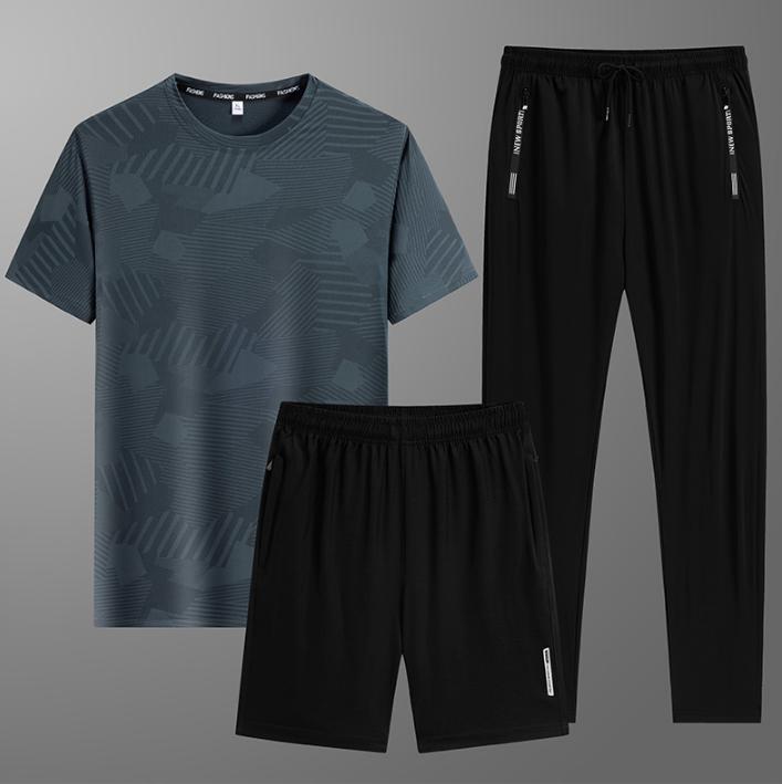 Leisure Sports Short Sleeved T-shirt, Long Pants, Ice Silk Set, Men's Summer Three Piece Set