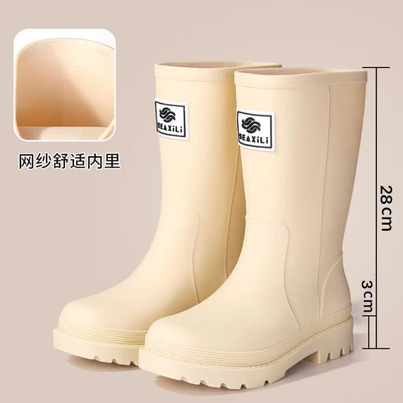 New medium tube rain shoes women's non-slip water shoes fashion water boots thick-soled rain boots velvet rubber shoes winter
