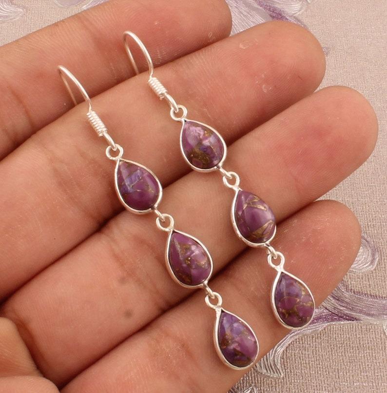 

Solid 925 Sterling Silver Purple Copper Turquoise Gemstone Women Dangle Earrings Gift For Wife