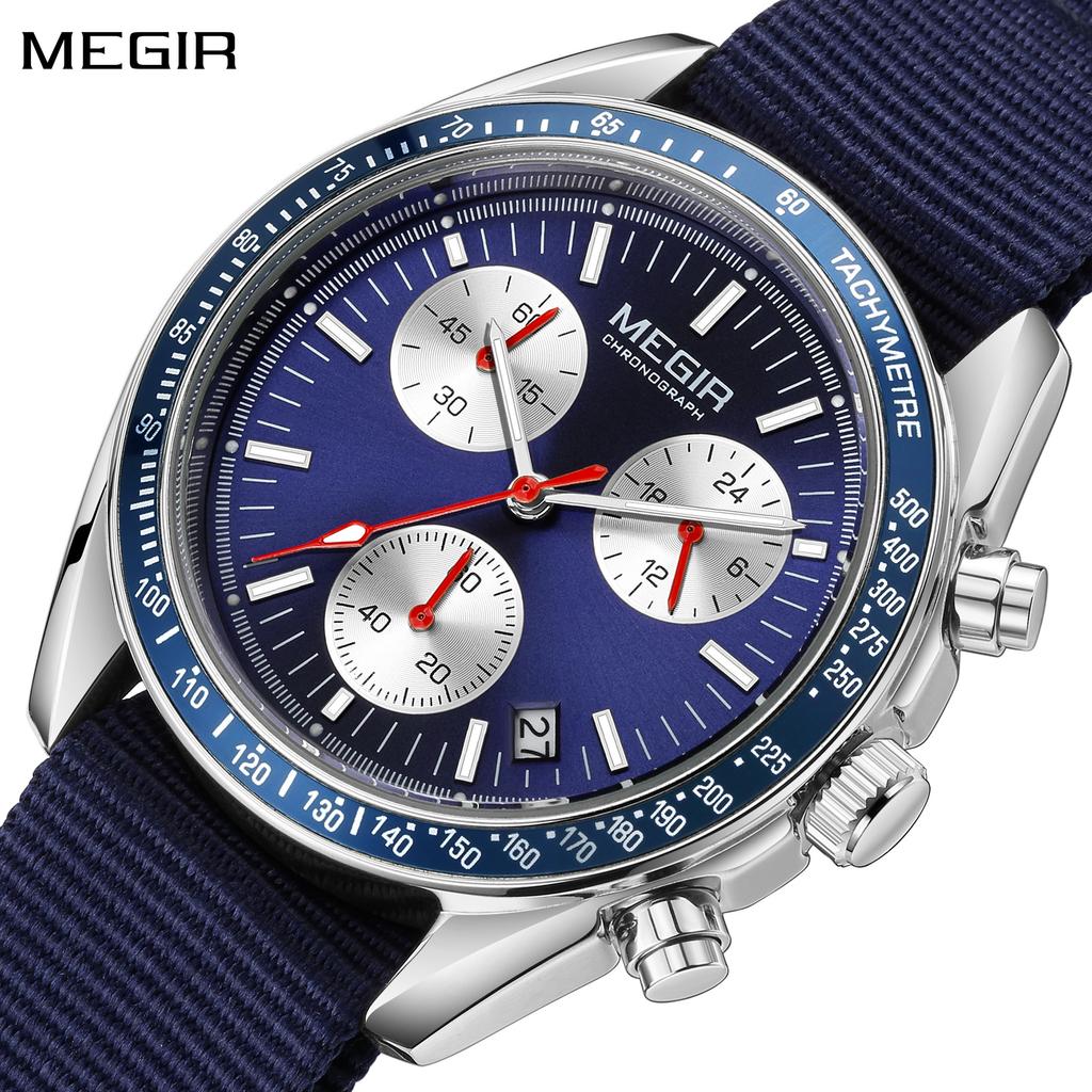 MEGIR Luxury Quartz Watches for Men Blue Canvas Strap Sport Leisure Chronograph Luminous Waterproof Male Wristwatch Clock 2247