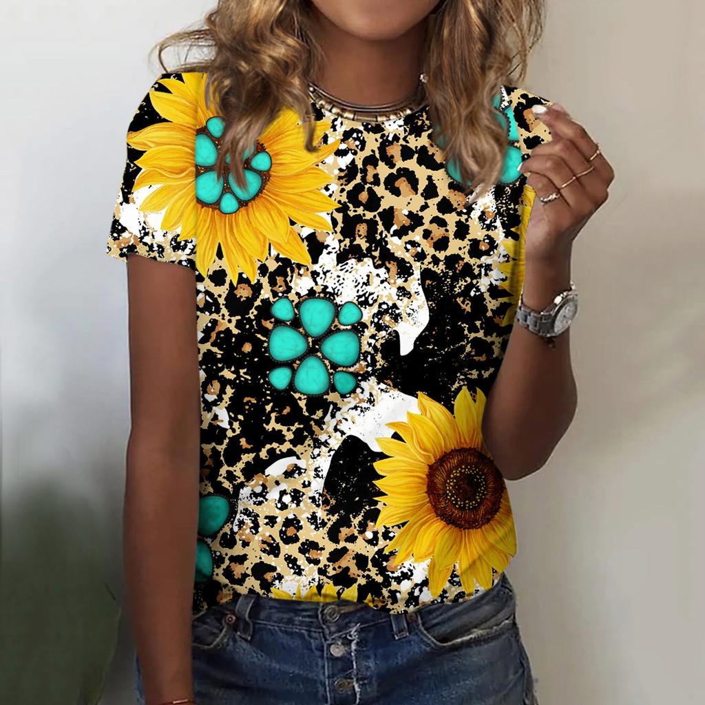 Women's Fashion Retro Printed Round Neck Short Sleeve Casual T-Shirt Top