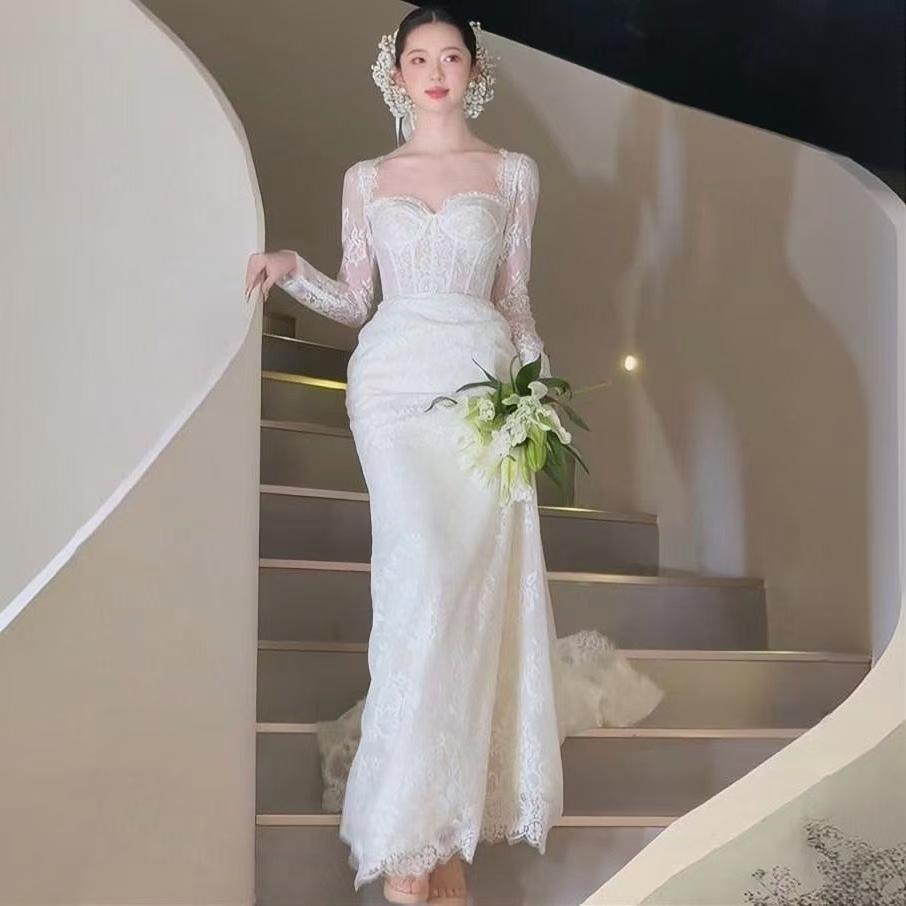 Lace Is Beautiful, Super Fairy Long-sleeved Fishtail Light Wedding Dress, Bridal High-end Sense Going Out Yarn Trailing Engagement Dress, Morning
