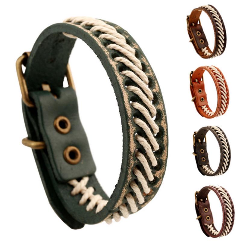 

Handmade European-American Punk Cowhide Bracelet: Retro Woven Design for Men
