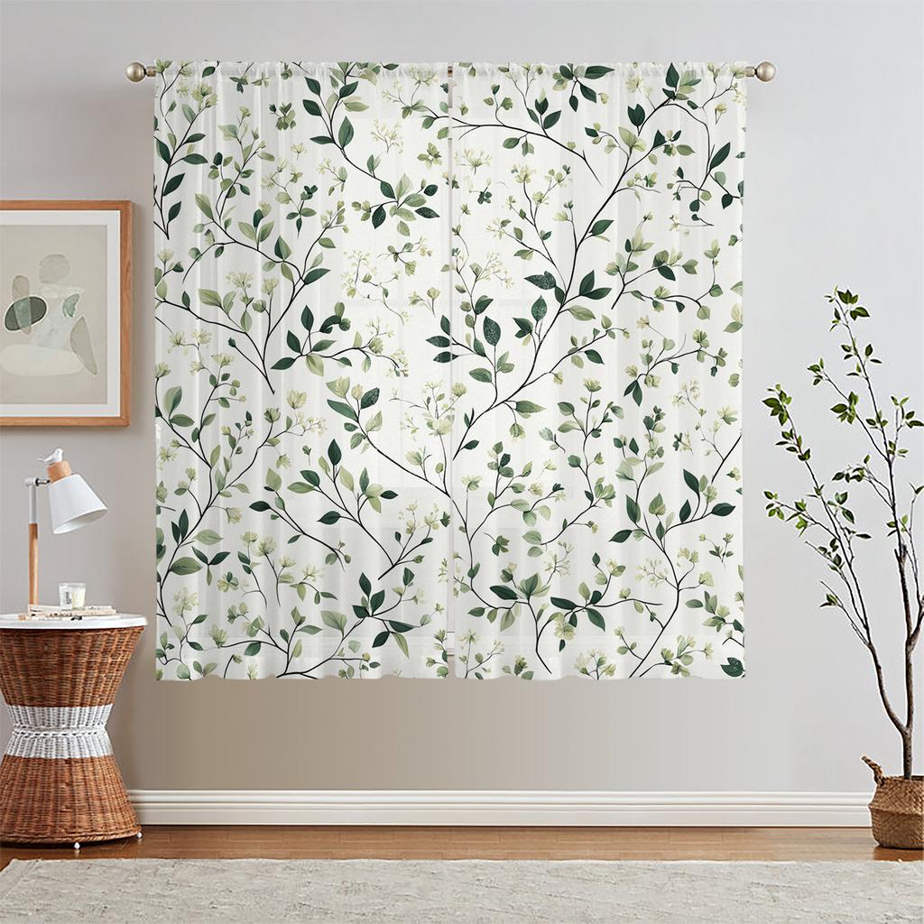 2-Piece Floral Tulle Curtains With Green Leaf Pattern, Polyester, Suitable For Bedroom And Living Room, Machine Washable