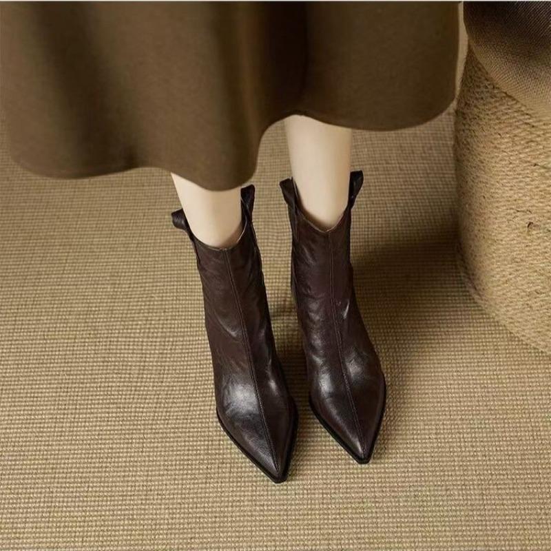 New Style Fashion Women's High Heel Short Leather Boots Female Pointed Thin Heel Boots Ladies Ankle Short Boots  Mujer