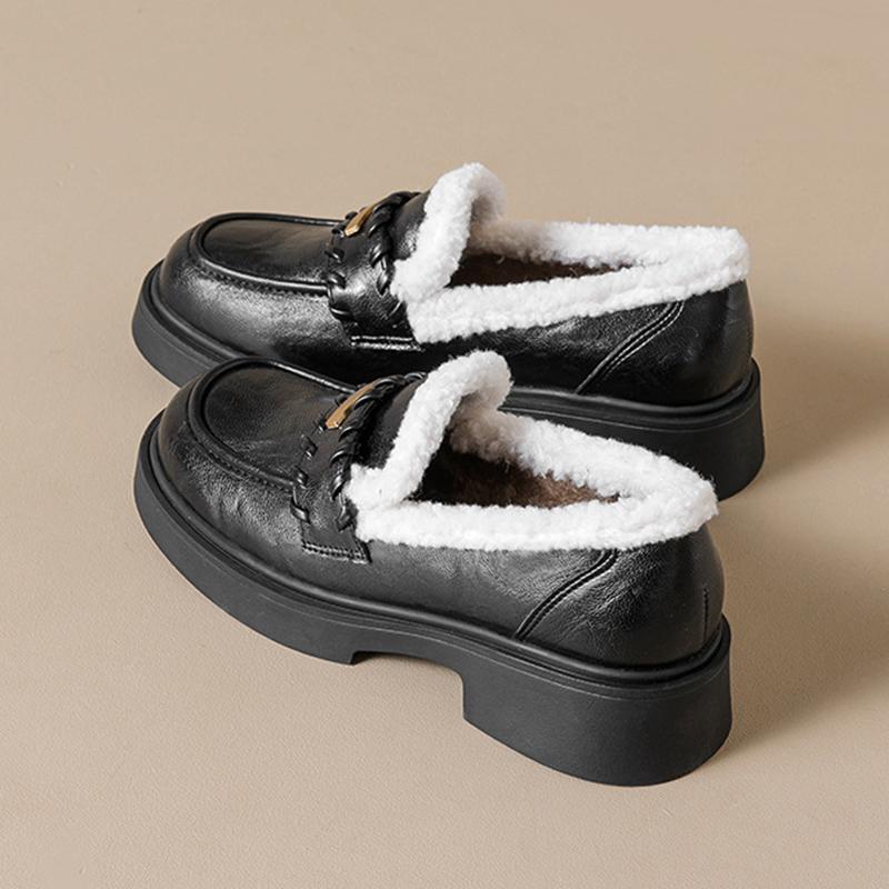 Soft Black Winter Fur Shoes Women Loafers Warm Plush Non-slip Fashion Brand Ladies Shoes Square Heels 4cm Plus Size 42
