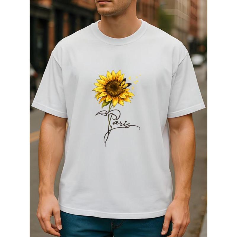 European Size Paris Sunflower Artistic Fresh Style All-Season Comfortable T-Shirt | Suitable for Daily and Home Wear, Round-neck, Fashionable for Men