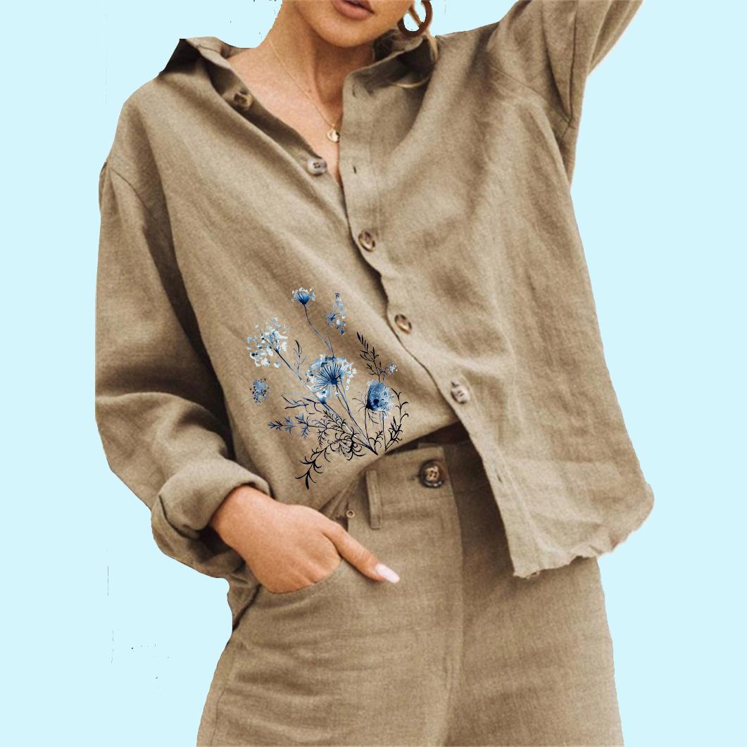 

Женская модная блузка с цветочным принтом, повседневная льняная рубашка на лето и осень, свободный топ с длинными рукавами на пуговицах 3XL хаки
