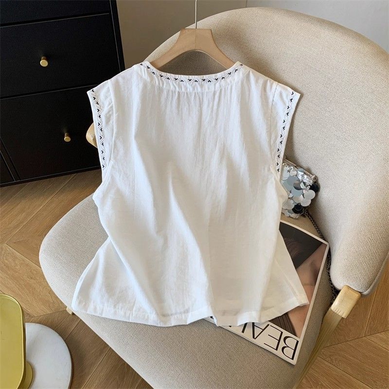 Korean Style Sleeveless Cotton Linen Vest Women Embroidered Summer Top