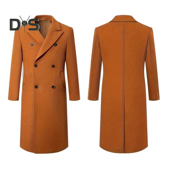 Men Windbreaker Suit Collar Long Sleeve Double-Breasted Thickened Woolen Coat Solid Color Pockets Design Mid-length Outwear