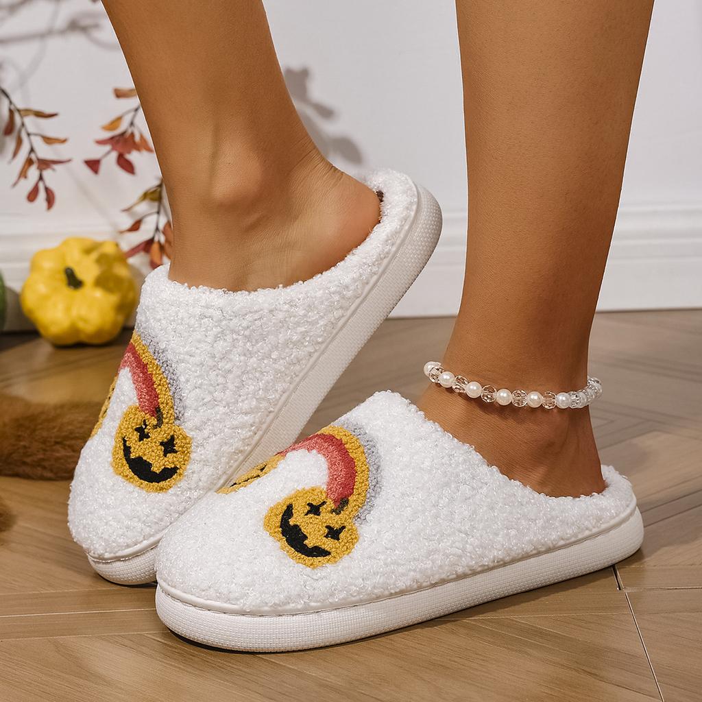 Fashion Plush Home Thick-Soled Comfortable Plush Cotton Slippers with Rainbow Pattern Embroider, Cute Warm Non-Slip Indoor Slippers