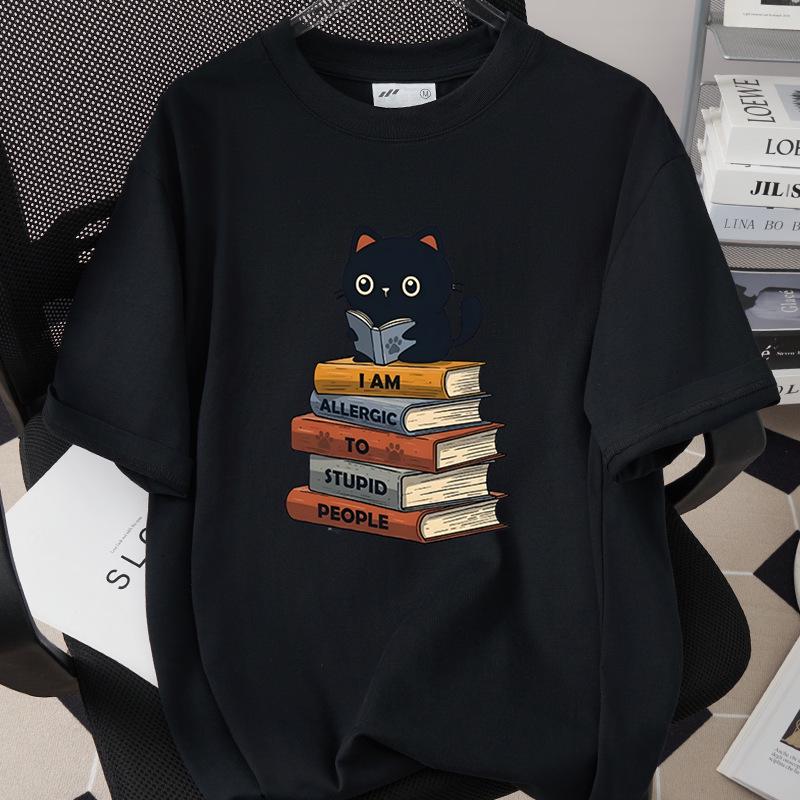 Trendiges Grenzüberschreitendes Katzen-Print-T-Shirt, 260g Reine Baumwolle, Kurzarm, Einfach 1002-45