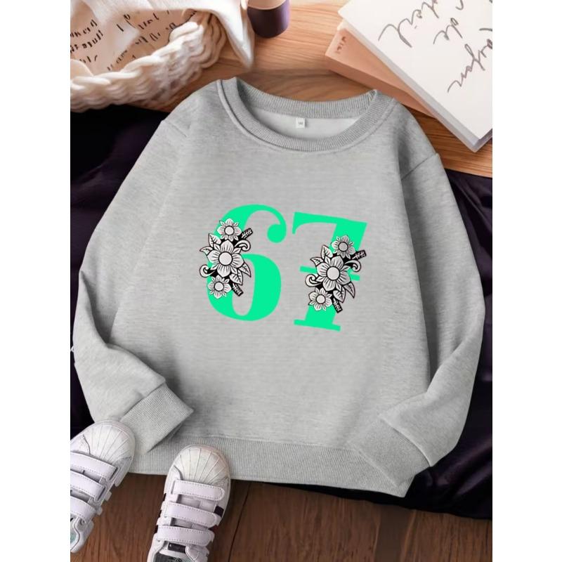 Unisex Kids Crewneck Sweatshirt For Over 4 Years Old Boys Girls Green Number 67 Black White Floral Print Red Soft Long Sleeve Pullover For 4-12 Kids